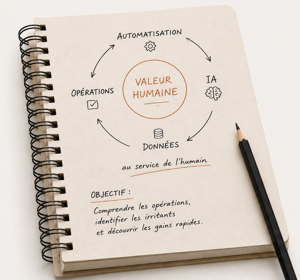 Schéma sur carnet : un cycle Opérations, Automatisation, IA et Données autour de la Valeur humaine, avec la mention « au service de l'humain » et l'objectif de comprendre les opérations, identifier les irritants et découvrir les gains rapides.